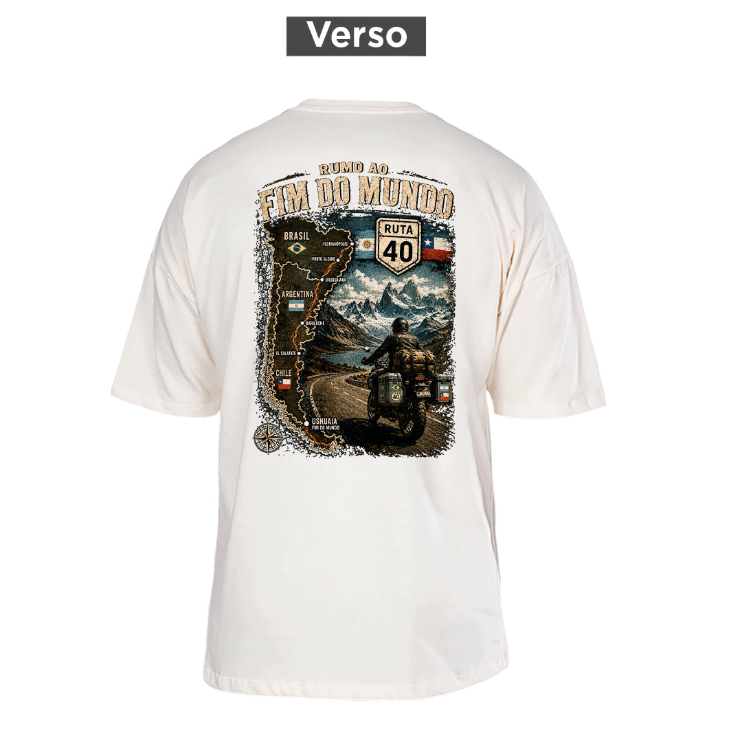 Camiseta Oversized Rumo ao Fim do Mundo, costas: estampa principal