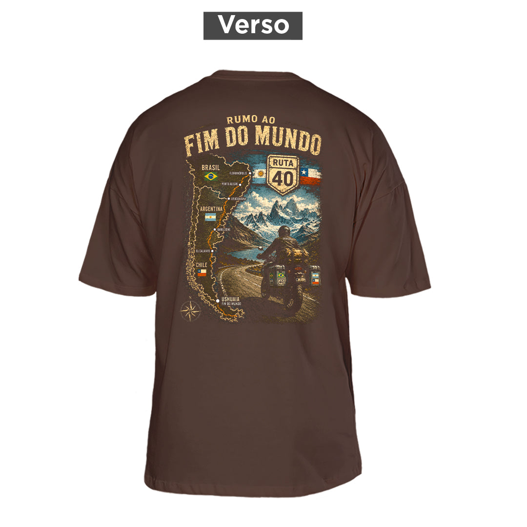 Camiseta Oversized Rumo ao Fim do Mundo, costas: estampa principal