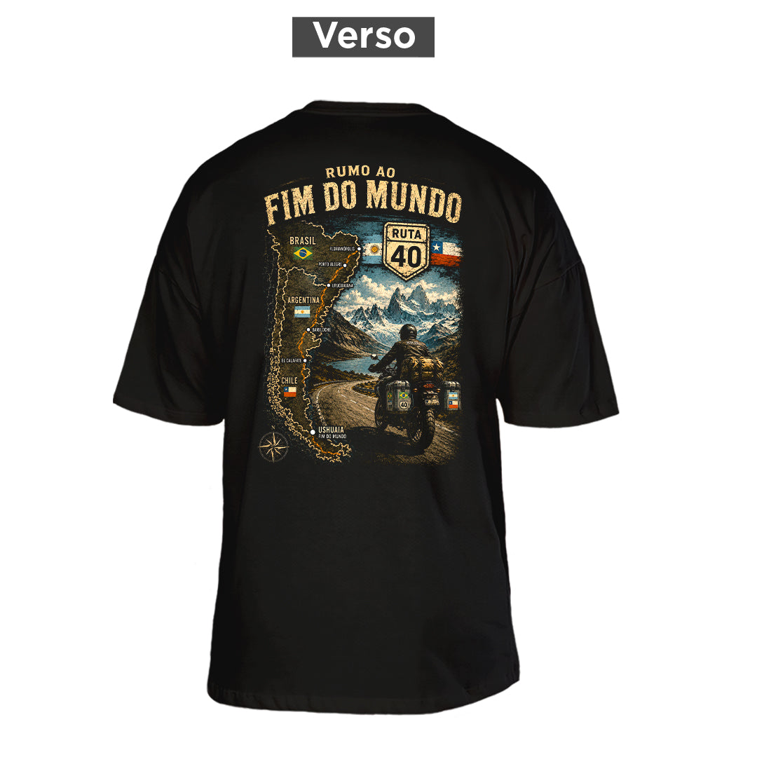 Camiseta Oversized Rumo ao Fim do Mundo, costas: estampa principal
