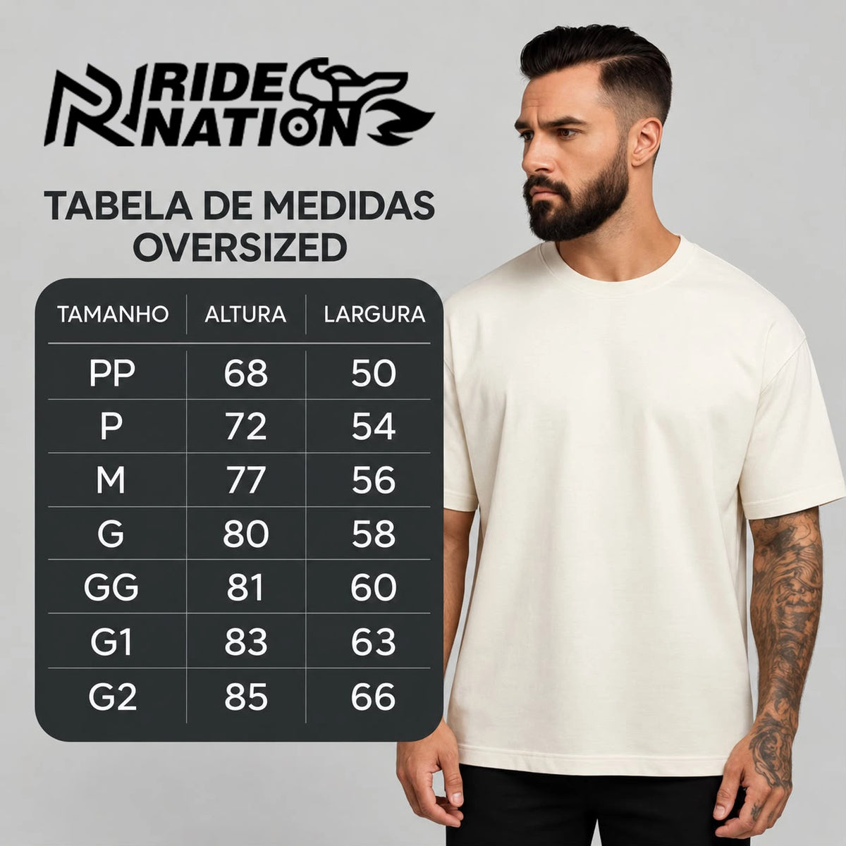 Tabela de medidas oversized Ride Nation