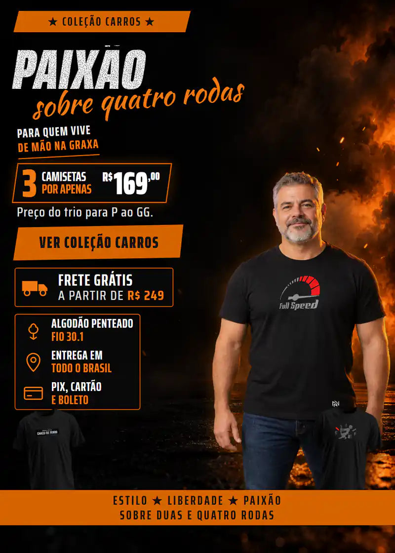Coleção Carros: paixão sobre quatro rodas. Um homem grisalho com a camiseta Full Speed, ao lado das camisetas Chassi de Ferro e Reserva. 3 camisetas por R$ 169 (P ao GG). Frete grátis a partir de R$ 249. Ver coleção carros.